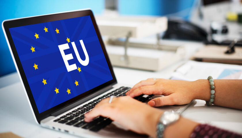 une femme tapant sur son ordinateur avec en fond d'écran un drapeau européen